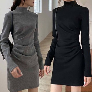 [váy ôm body tay dài] Bán Chạy Đầm Cổ Cao Xếp Ly Ôm Dáng Vừa Vặn Mùa Thu Đông Ấm Áp Cho Nữ