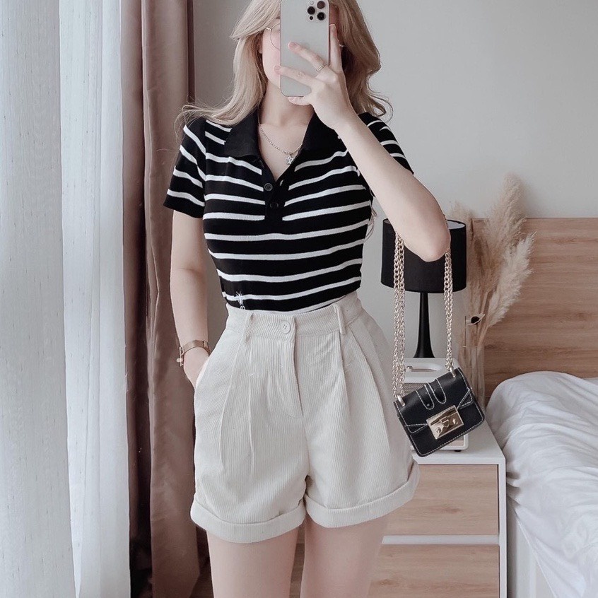 Quần short nhung tăm dập ly lưng cao hàng thiết kế cao cấp phom unisex