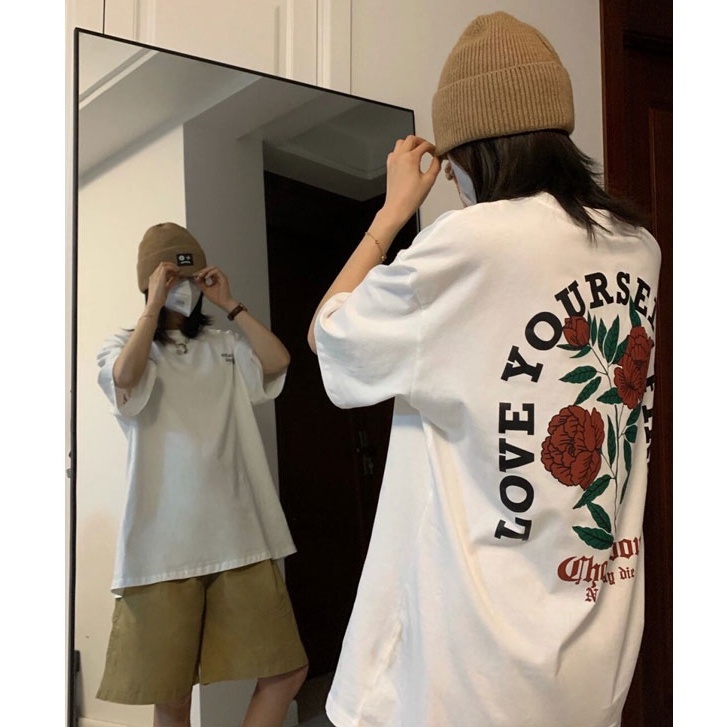 Áo thun form rộng nữ đen cổ tròn oversize retro hoa hồng áo thun tay
