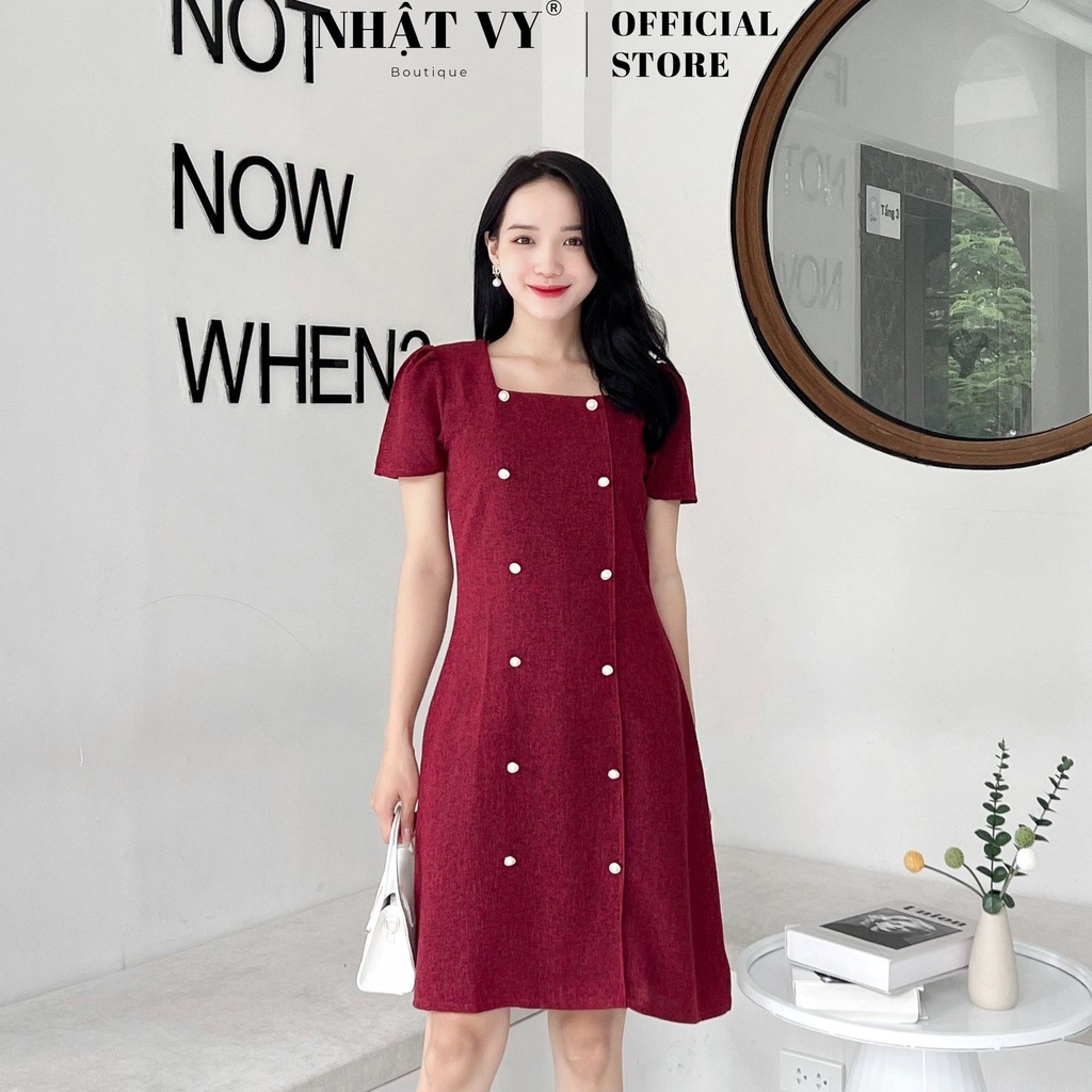 Váy Suông Thiết Kế NHẬT VY Cổ Vuông Phối Đính Cúc Phù Hợp Đi Tiệc , Công Sơ Chất Dạ Màu Nude, Đỏ, Xanh, Đen - D2454