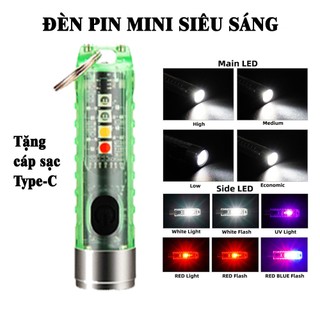 Đèn pin móc khóa mini chống nước, siêu sáng 500lumen, đa năng nhỏ gọn, quà tặng, tặng cáp sạc Type C tiện dụng