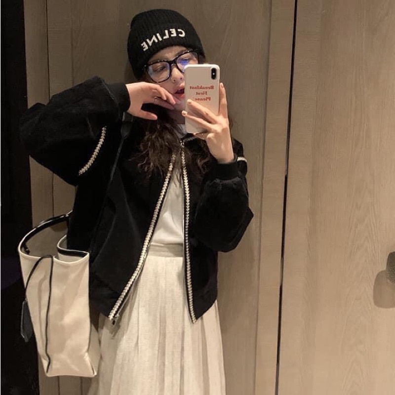 Maihuong⚡️ÁO KHOÁC BOMBER DA LỘN CHẠY DÂY VIỀN MÀU ĐEN CHO NỮ GIÁ TỐT