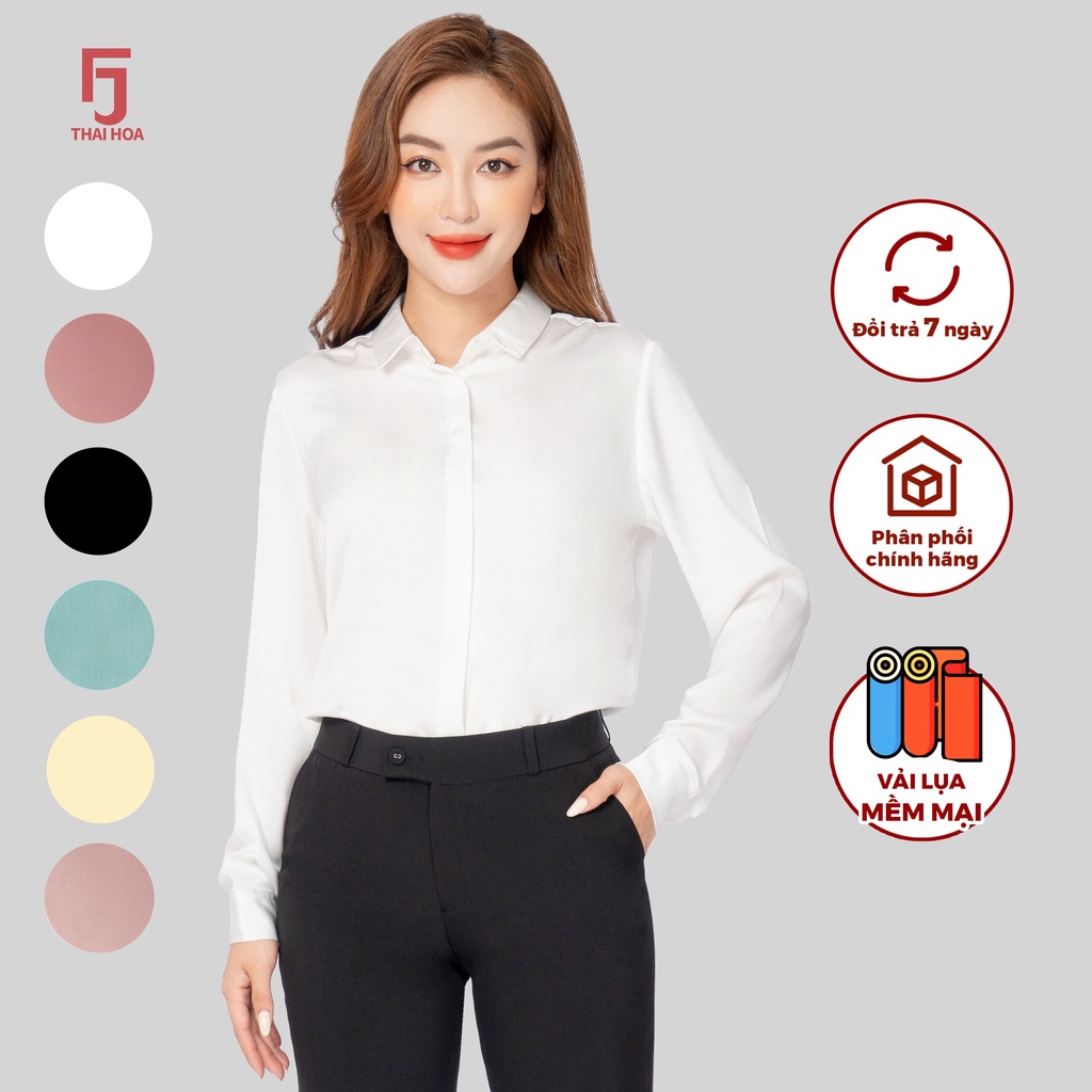 Áo sơ mi lụa nữ thiết kế công sở cao cấp nhiều màu form đẹp Thái Hòa ASW0101-R09