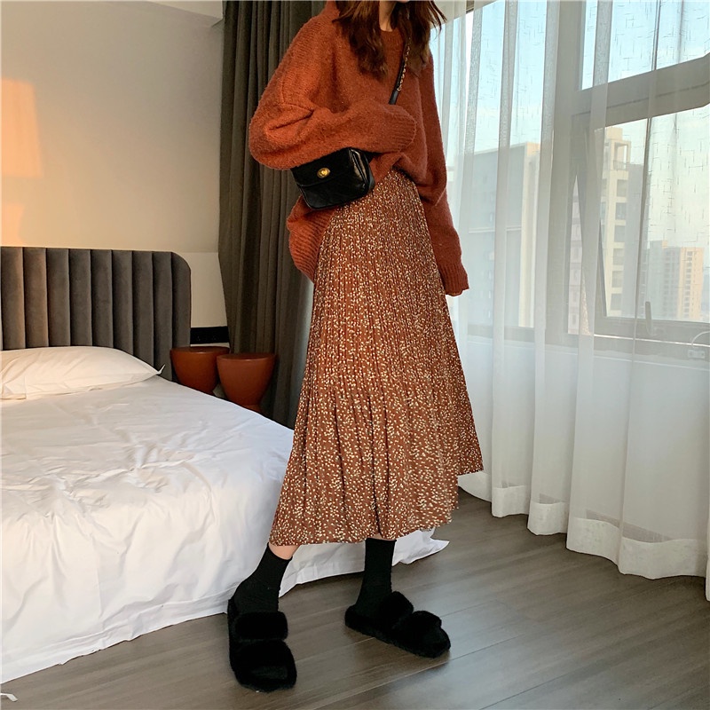 Chân Váy Lửng Lưng Cao Họa Tiết Hoa Thời Trang Thu Đông Cho Nữ