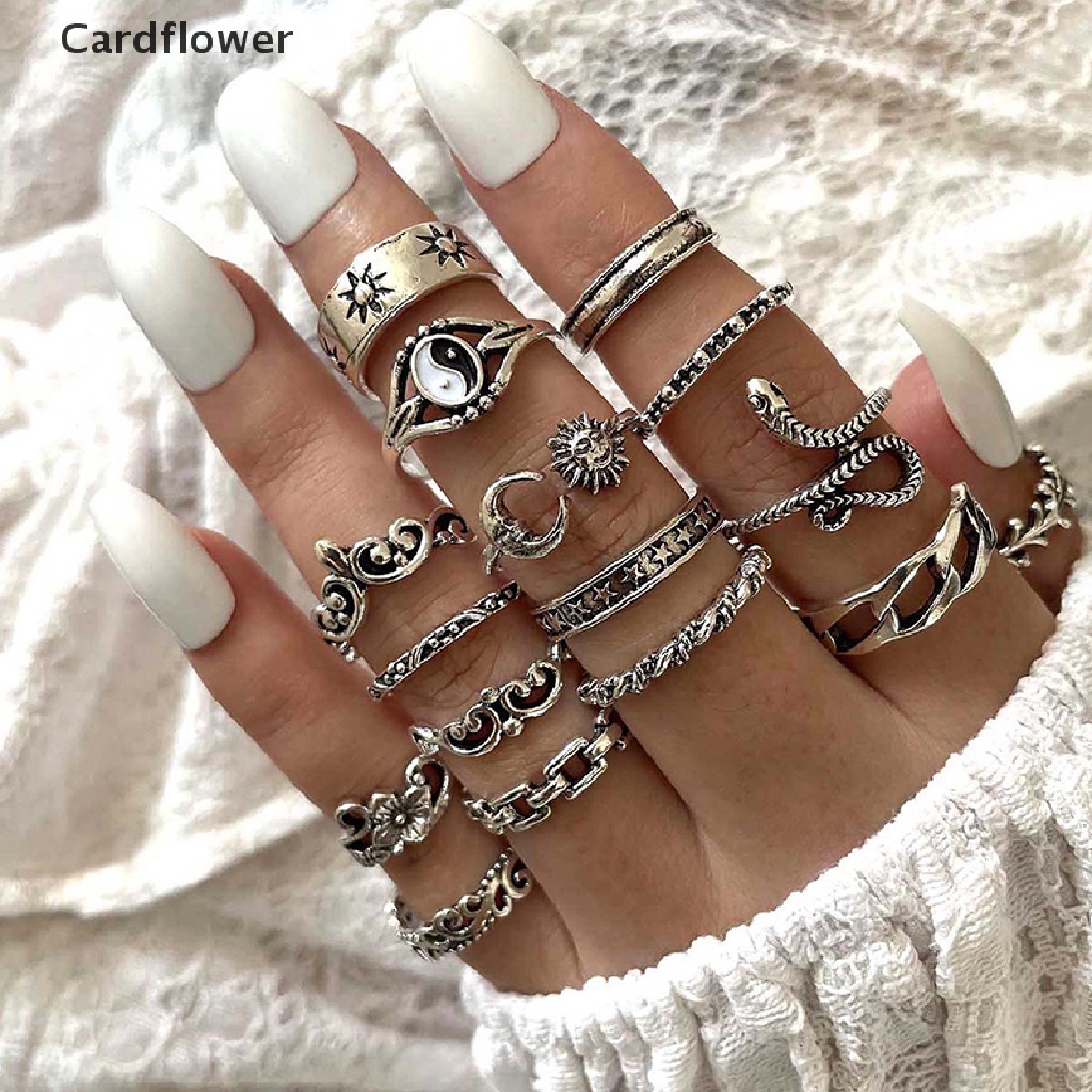 < Cardflower > Bộ 16 Nhẫn Hợp Kim Hình Rắn Mặt Trăng Mặt Trời Cá Tính Khí Chất Phong Cách Retro Cá Tính Cho Nữ Đang Giảm Giá