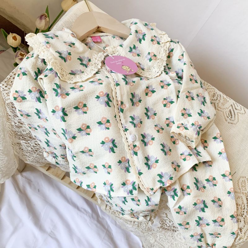 Bộ Đồ Cho Bé - Bộ Pijama Cho Bé Họa Tiết Ren Bèo Tiểu Thư Phong Cách Hàn Quốc Siêu Đáng Yêu
