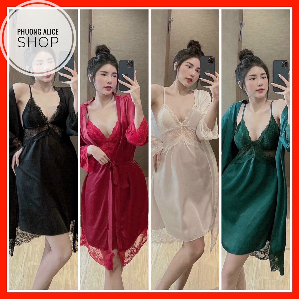 Váy ngủ nữ 2 dây sexy mặc nhà, đầm gợi cảm có mút ngực kèm áo choàng- Phuongaliceshop