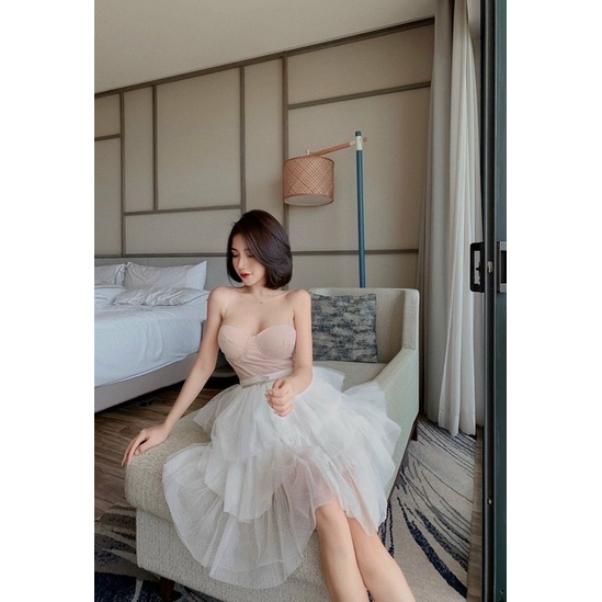 Đầm cúp ngực nude phối lưới trắng xoè tầng Đầm váy đi chơi dạo phố dự tiệc sang trọng dễ thương party sinh nhật cute