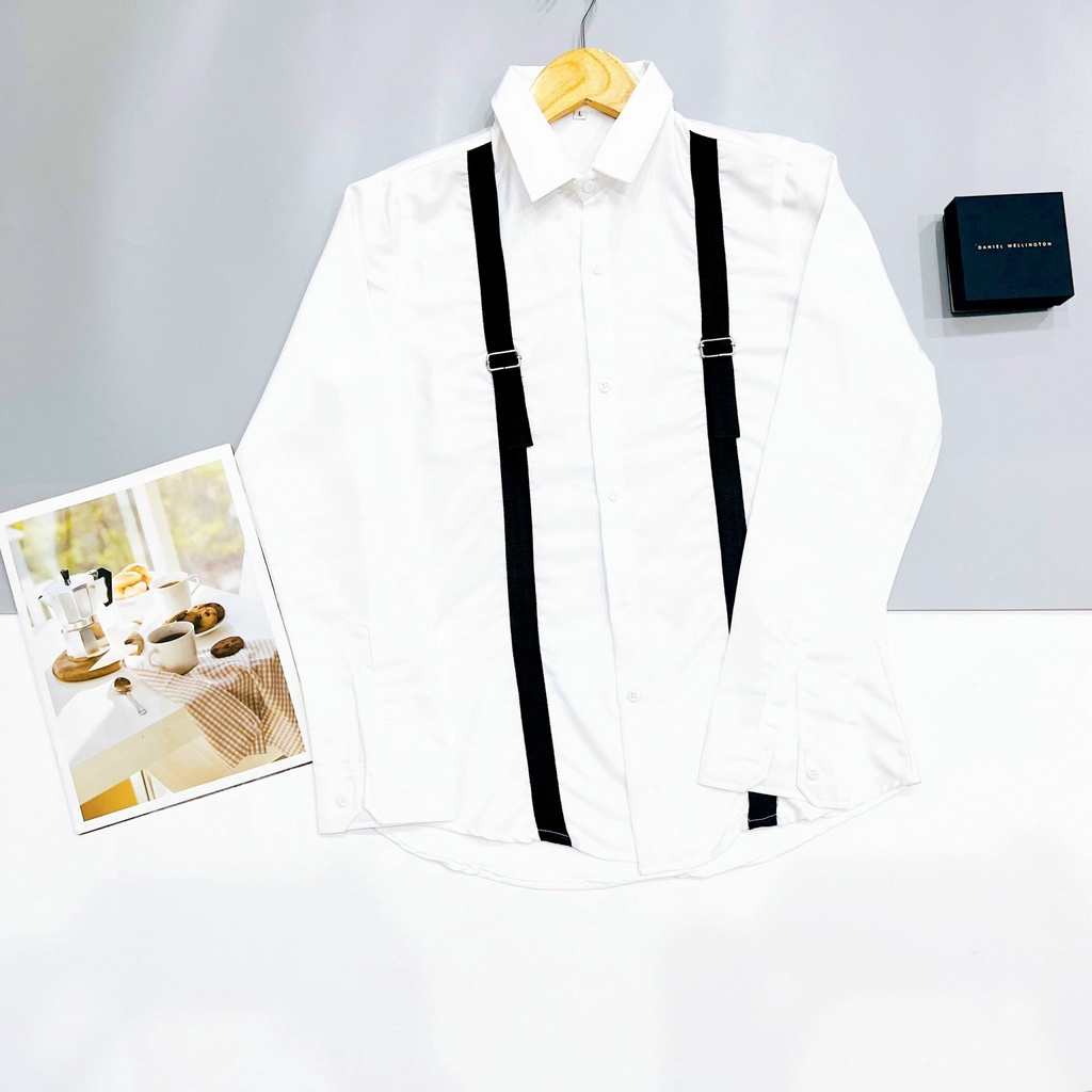 Áo sơ mi nam dài tay đen trắng phối đai kiểu cách, vải siêu mát thấm hút mồ hôi VBSHOP019