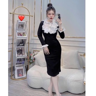 Đầm thun gân tay dài ôm body phối viền bèo voan tay cổ cực hot , chất thun gân mềm mịn