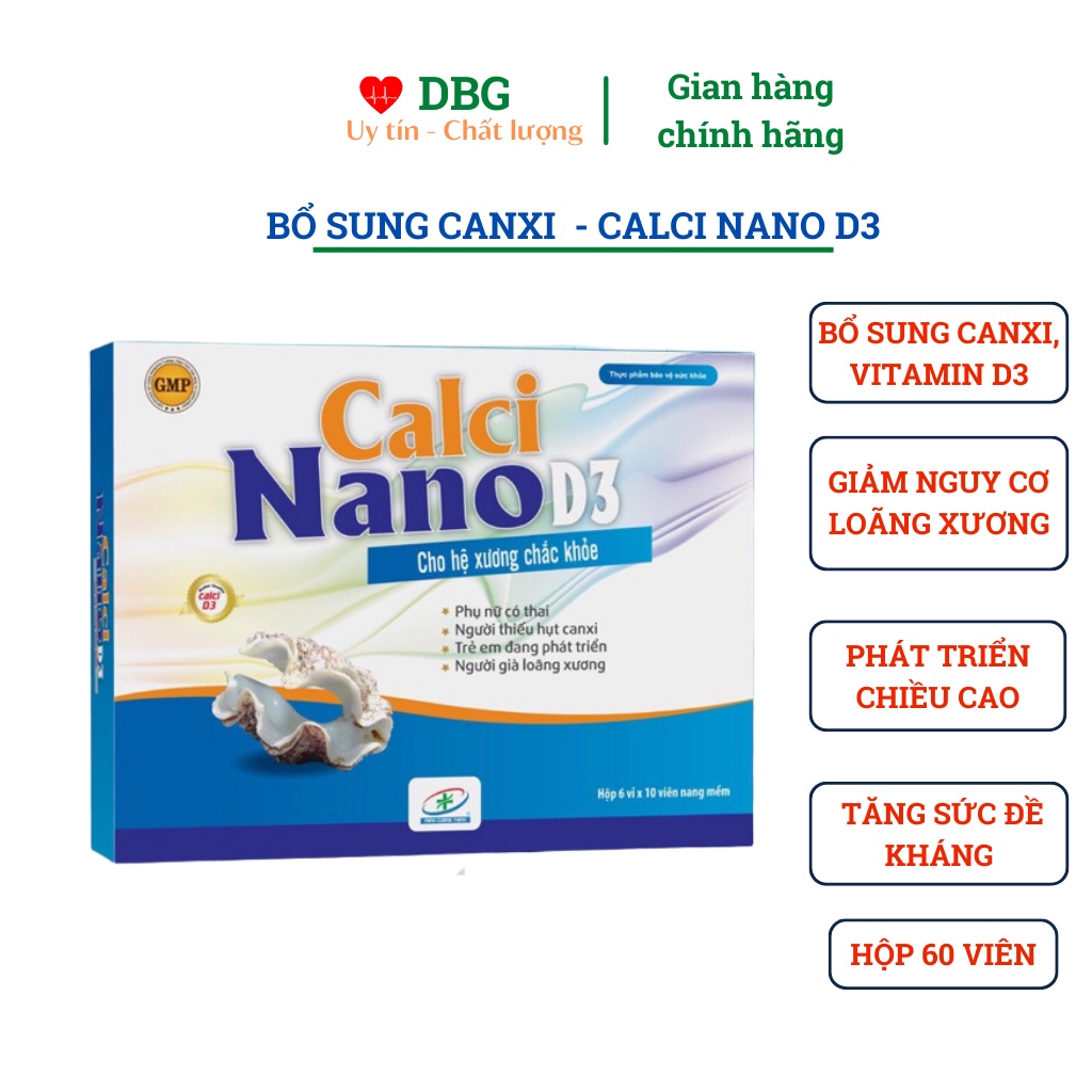 Canxi Calci nano D3 hộp 60 viên giúp chắc răng, xương, phát triển chiều cao cho bé, giảm loãng xương ở người lớn