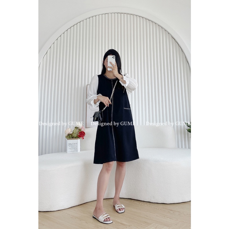 Váy Bầu Thu Đông - Đầm Bầu GUME màu đen pha tay trắng phối dây viền xinh xắn, dáng A dễ mặc tới khi sinh MB115