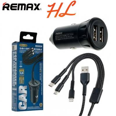 Bộ Tẩu Sạc Xe Hơi + Dây Sạc 3 Đầu Remax RCC 236 Tối Đa 12W - Bảo hành 6T - Hưng Long PC