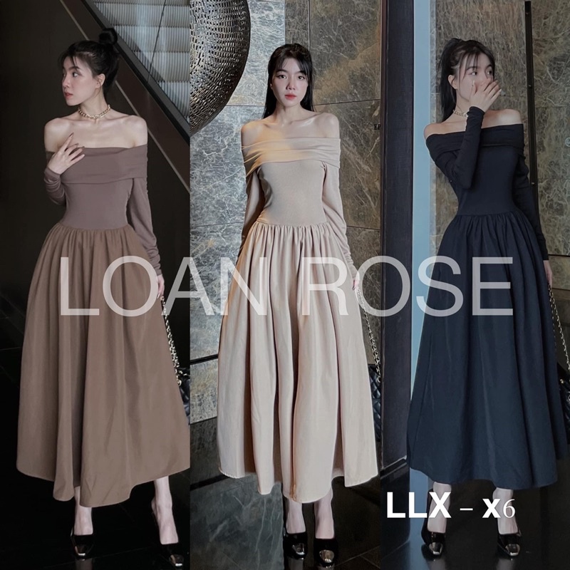 Đầm dáng xoè trễ vai dài tay