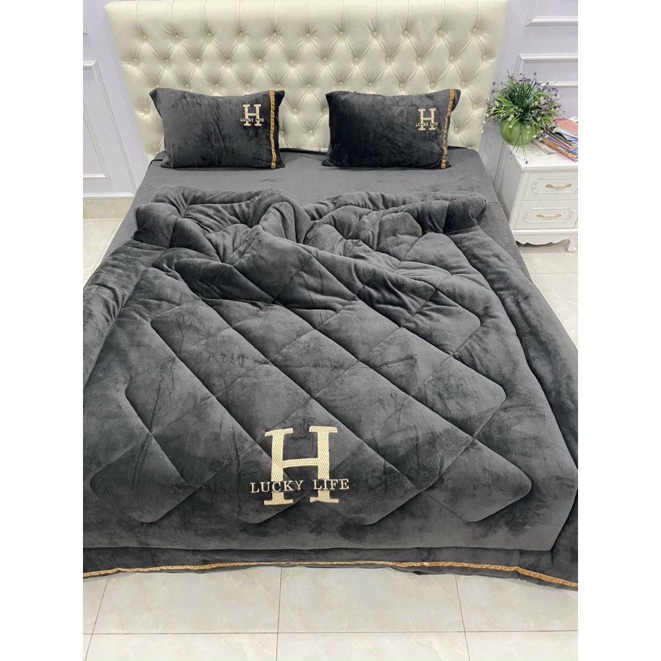 Bộ Chăn Ga Gối Nỉ Nhung HIZUN Thêu Chữ H Sang Trọng
