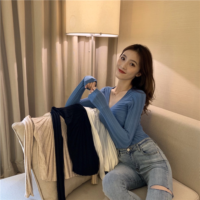 Áo Len Tay Dài Cổ Chữ V Xếp Ly Ôm Dáng Quyến Rũ Hợp Thời Trang Cho Nữ