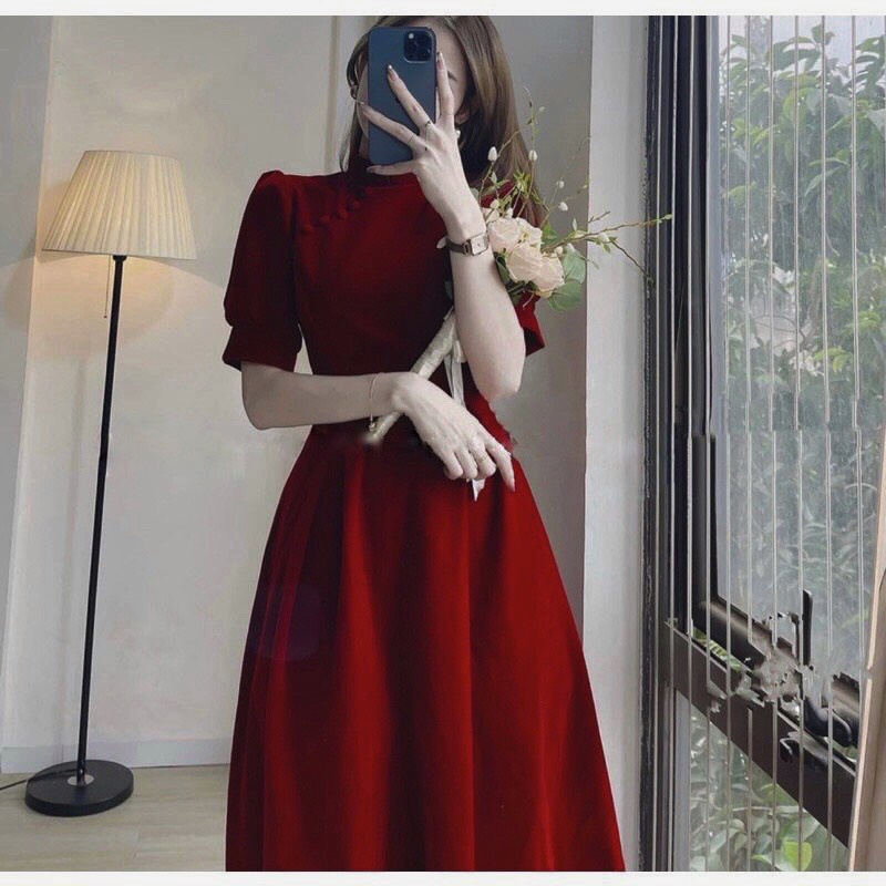 VÁY NHUNG ĐỎ ĐÔ CỔ TÀU DÁNG XOÈ DÀI 103CM HOT TREND