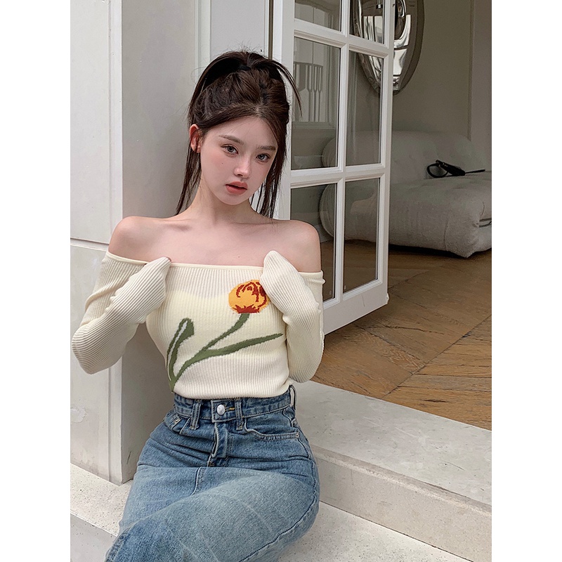 Hàng Mới Về Mới Áo Dệt Kim Trễ Vai Tay Dài Thời Trang Cho Nữ