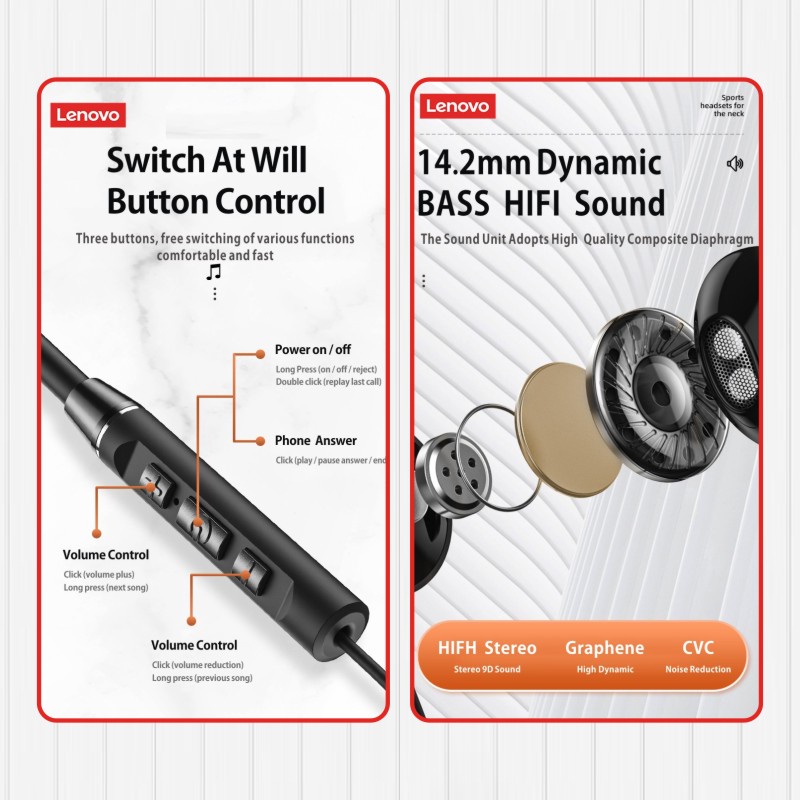 Tai nghe nhét tai không dây LENOVO QE08 kết nối bluetooth 5.0 chống nước IPX5 tiện dụng