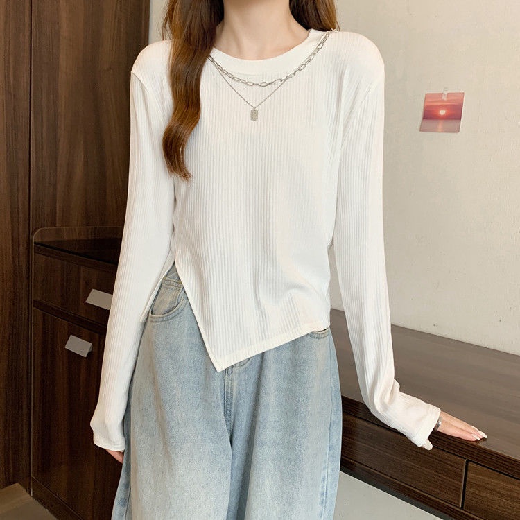 Áo Thun Tay Dài Cổ Tròn Xẻ Tà Kiểu vintage Thời Trang Mùa Thu Cho Nữ TX-219