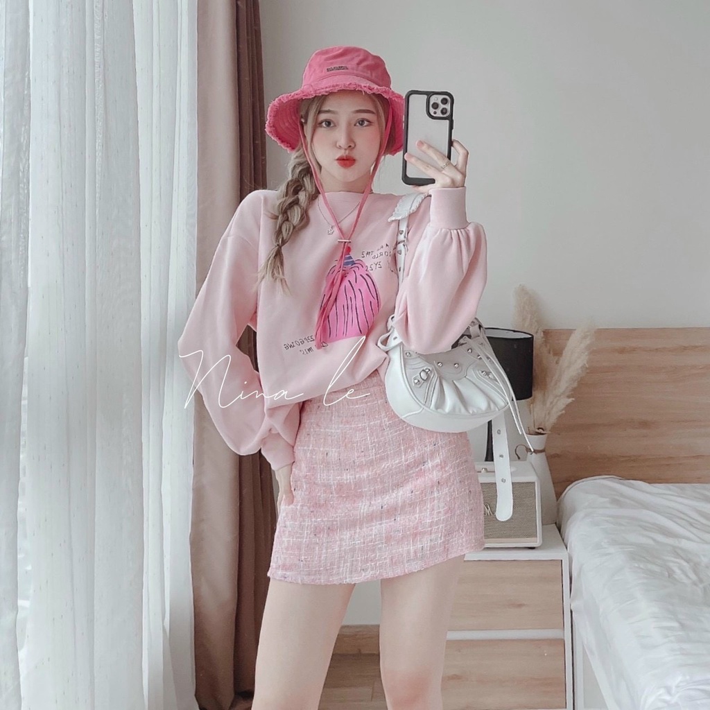 [10.10 Sales Freeship] Set áo nỉ tay dài màu hồng in hình cổ tròn mix chân váy dạ chữ A đi chơi dễ thương, cute dx