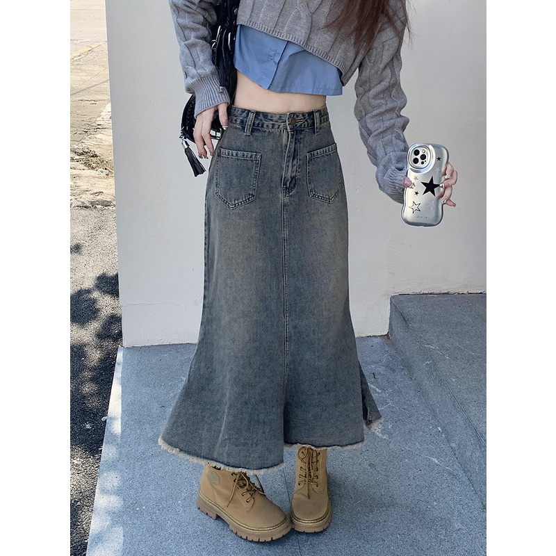 Chân váy jean đuôi cá QKOOLE lưng cao thời trang Hàn Quốc cho nữ