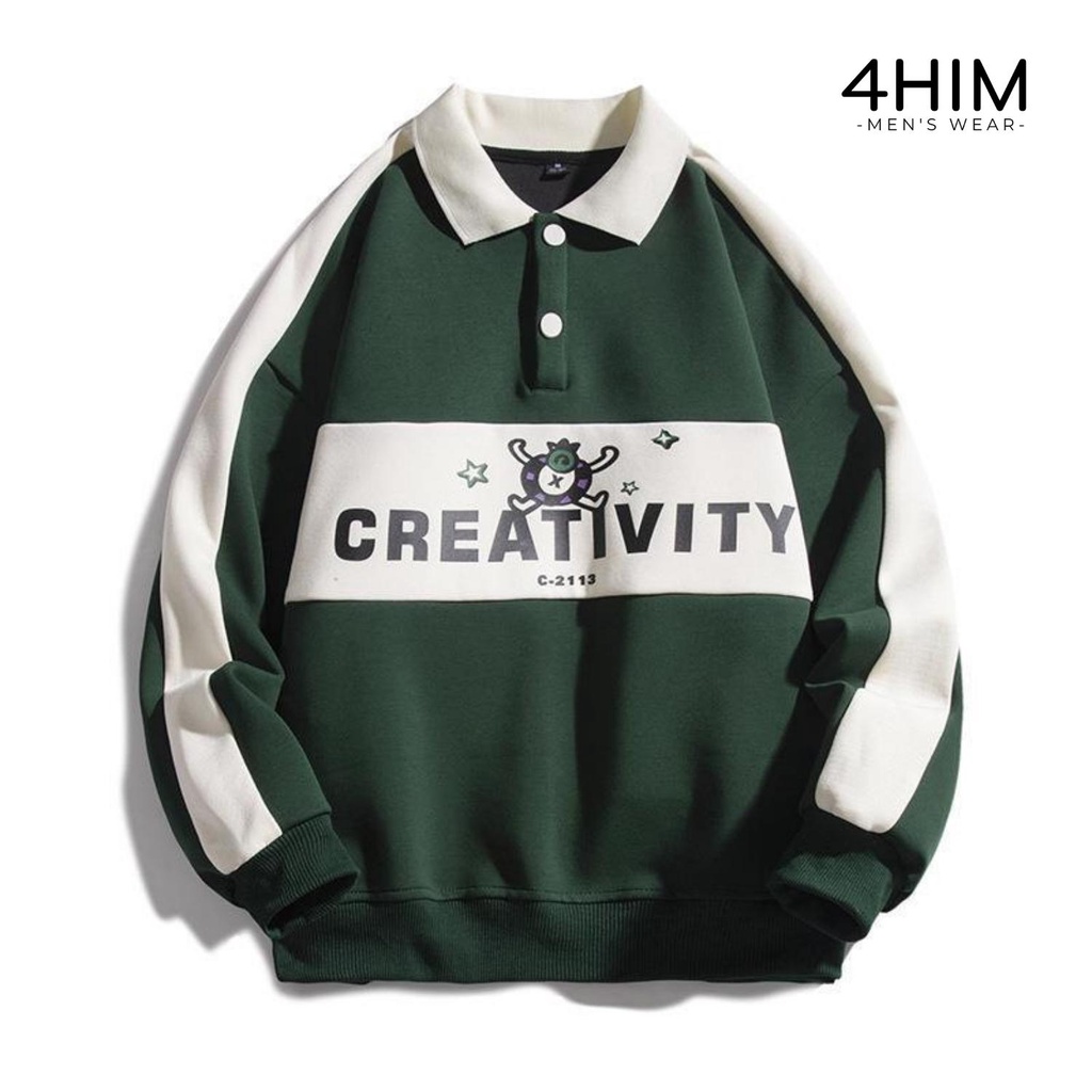 Áo sweater nỉ unisex polo chất vải nỉ bông in hình sắc nét Áo nỉ bông dài tay nam nữ form rộng tay bồng hàn quốc 4him