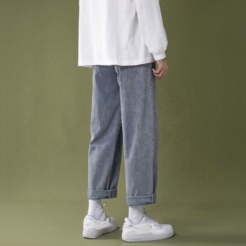 Quần Baggy Bò Nam Xanh Rách Gối Ống Suông Rộng Dáng Đứng Phong Cách Hàn Quốc Chất Vải Jeans Đẹp Không Xù Lông