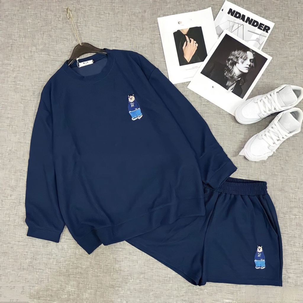 Bộ Áo Thun Quần Short Nữ Thêu Gấu Dáng Rộng 🦋 Set Áo Dài Tay Quần Đùi Vải Tổ Ong 2 Màu 🦋