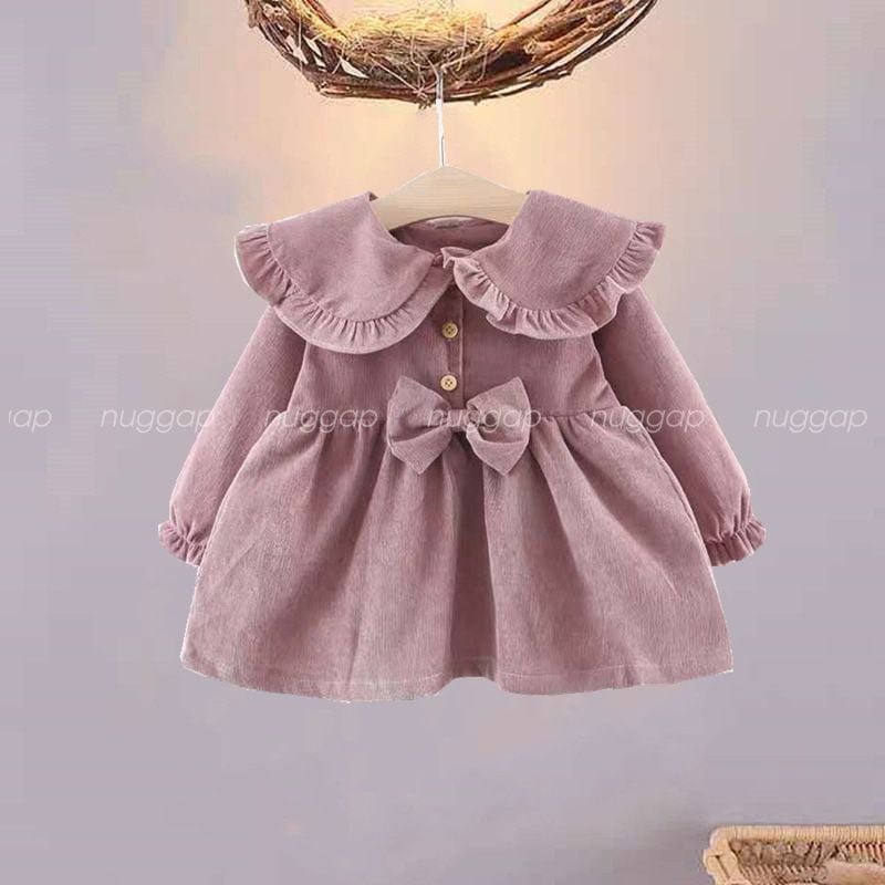 Áo Váy nhung tăm cho bé gái, đầm nhung xoè có nơ cho bé