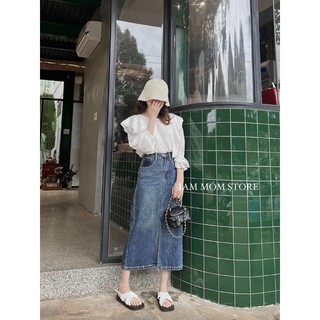 Chân váy jeans dáng dài xẻ trước