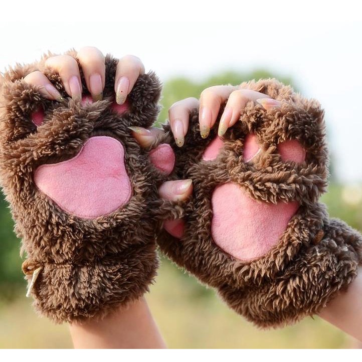Cat Claw Glove Phụ nữ mùa thu/mùa đông Hàn Quốc phiên bản dễ thương cô gái ngón tay dày gấu Claw lông cừu nửa ngón tay găng tay