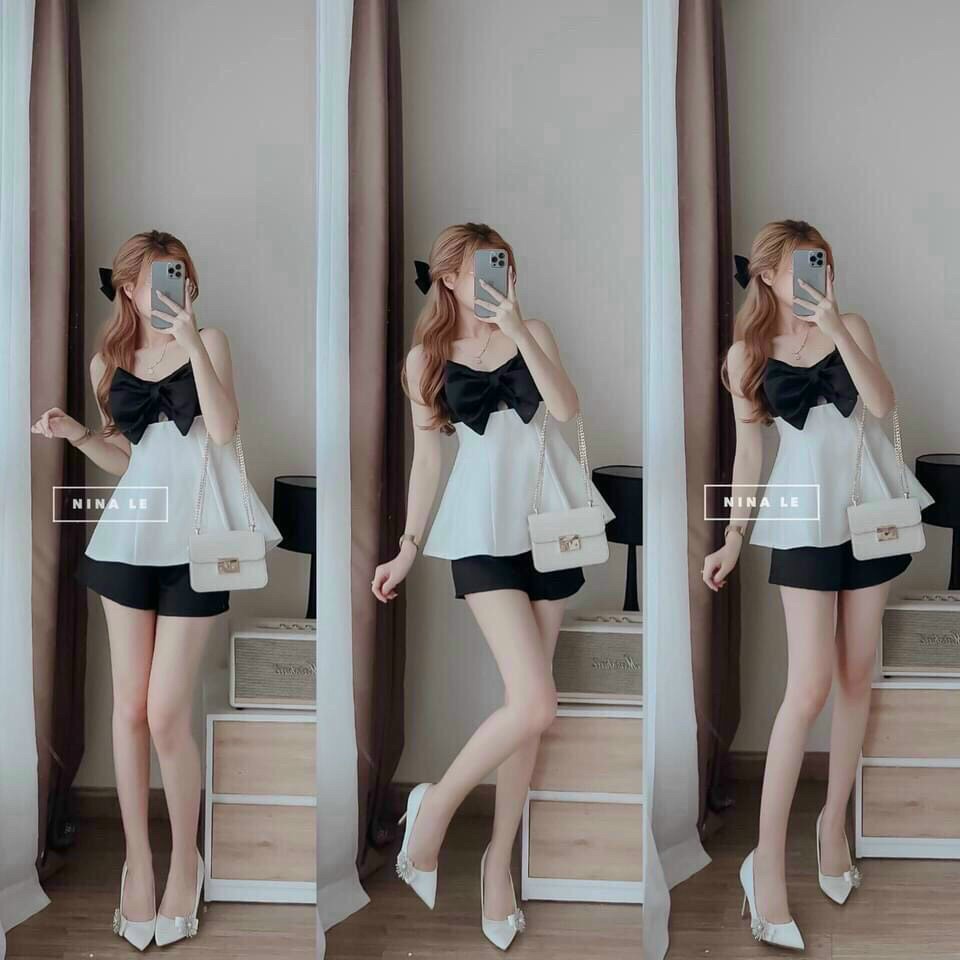 [11.11 Sale Freeship] Set bộ đồ nữ,set áo trắng 2 dây kèm nơ đen ở ngực ôm xoè kiểu babydol phối quần đùi chất umi mtb