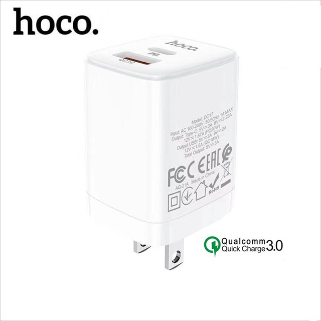 Củ sạc nhanh Hoco DC17 2 cổng kép ( Type-C + USB ) hỗ trợ PD 20W, sạc nhanh 3A, Quick Charger 3.0, chân cắm gấp gọn