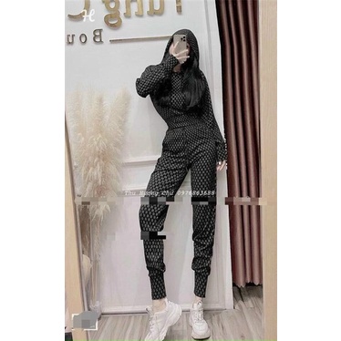 Set bộ thể thao nữ,set áo tay dài có nón in họa tiết,set bộ in gucci áo croptop quần dài bo chun
