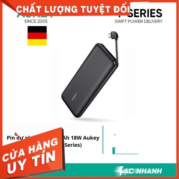 Pin dự phòng dung lượng 10000mAh hỗ trợ sạc nhanh 18W liền cáp sạc Type C Aukey PB-N73C .
