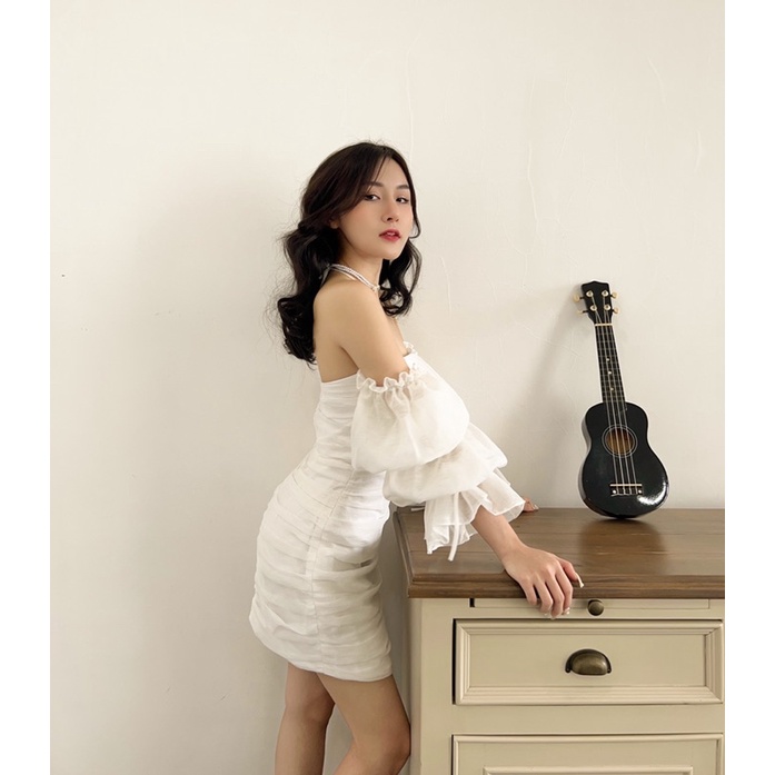 Mell02 dress - Váy tơ xước trắng nhún Onmellem