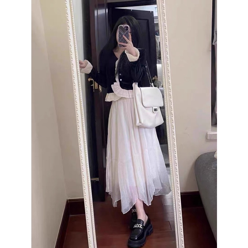 Set áo nhung viền bèo chân váy tơ xuocs VNHN0009