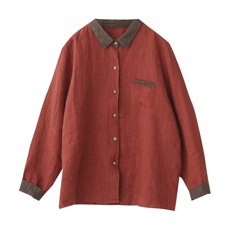Ice cotton linen long-sleeved shirt blouse lapel casual linen counter withdrawal of the big brand literary collision color