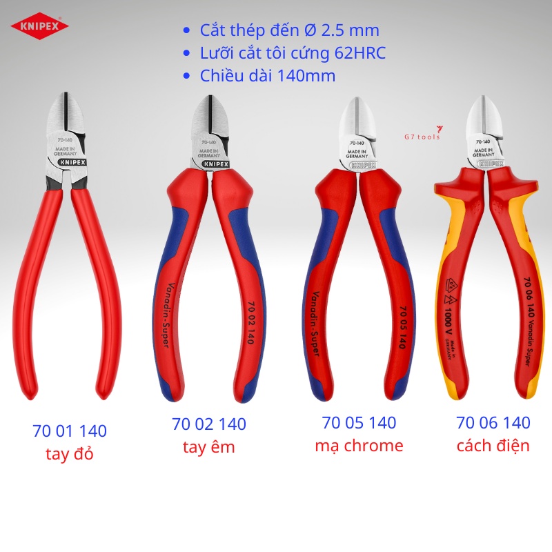 Kìm Cắt Knipex Mũi Thon Dài 140mm- 70 01 140/ 70 02 140/ 70 05 140/ 70 06 140 (1000 Volt) _G7toolsHN