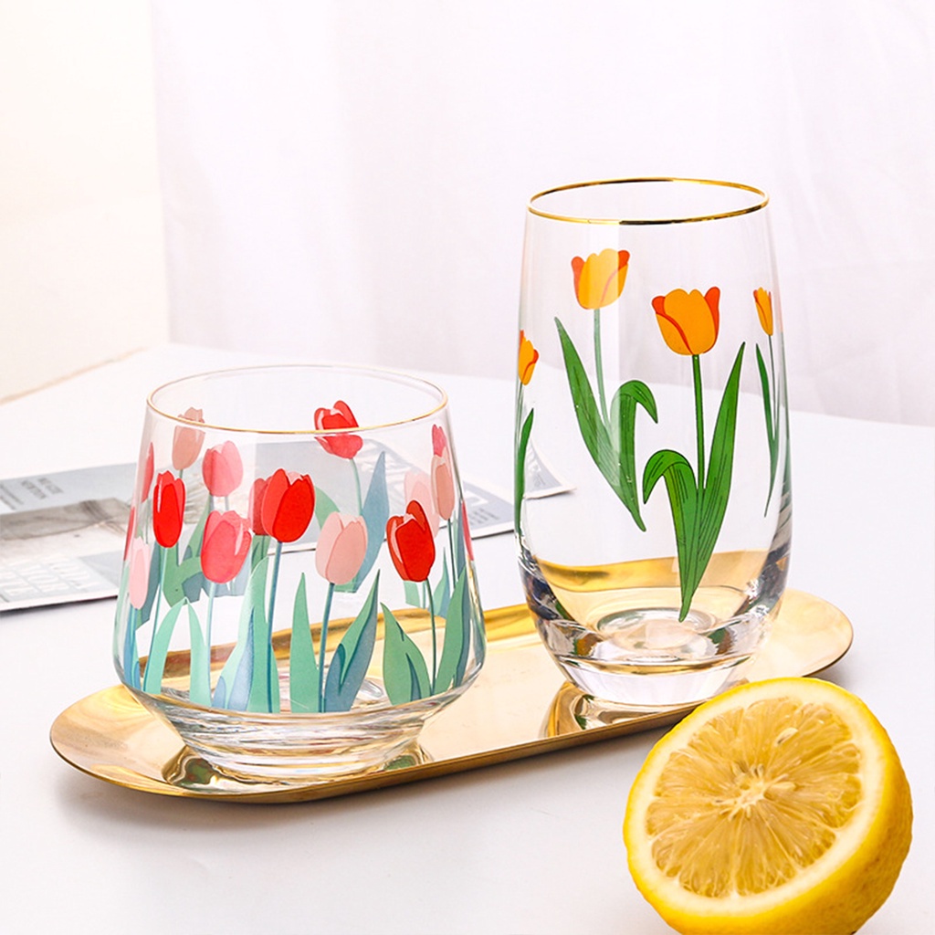 Cốc Thủy Tinh Uống Sữa Hoa tulip Kiểu Hàn Quốc Dễ Thương