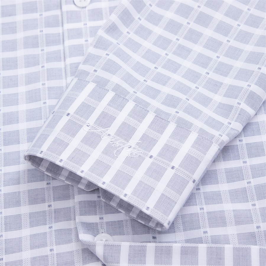 Áo sơ mi nam dài tay ARISTINO ALS06702 Somi công sở cao cấp màu trắng kẻ xám dệt dobby Vải sợi tre dáng suông có túi