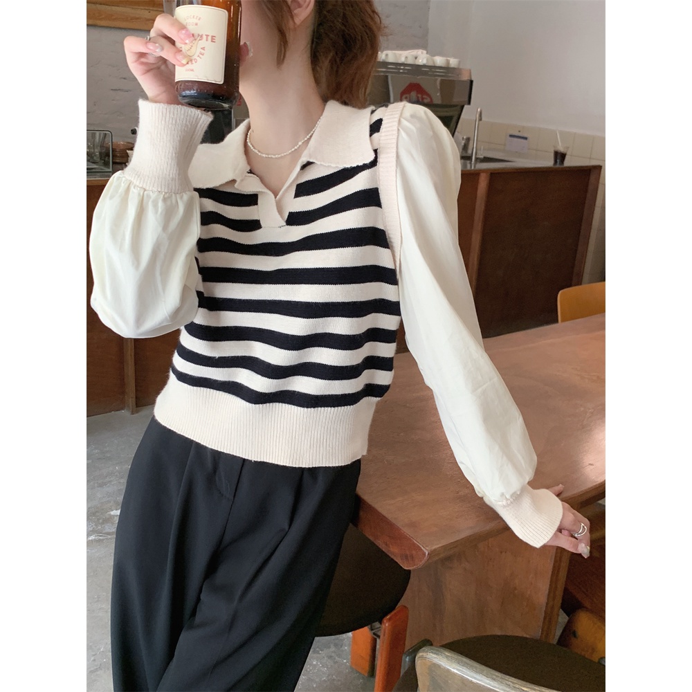 ZHELIHANGFEI Áo Thun POLO Dài Tay Giả Hai Lớp Họa Tiết Sọc Thời Trang Dành Cho Nữ