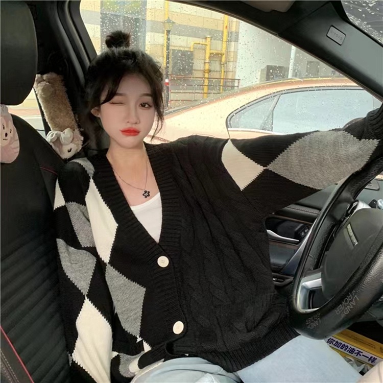 Áo khoác cardigan SUXI dệt kim tay dài dáng rộng in họa tiết kim cương phong cách vintage thời trang thu đông