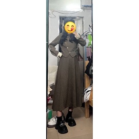 Set váy midi màu nâu cổ dây nơ to - phong cách tiểu thư công sở