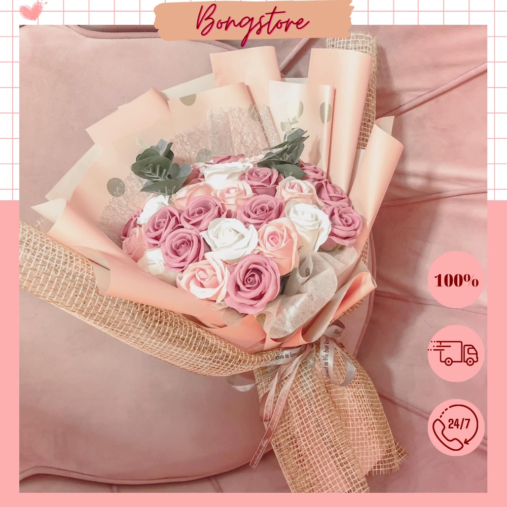 Bó hoa sáp tone hồng 30 bông lưới ô vuông làm quà tặng sinh nhật, lễ 20/10, 8/3, kỷ niệm, tặng mẹ