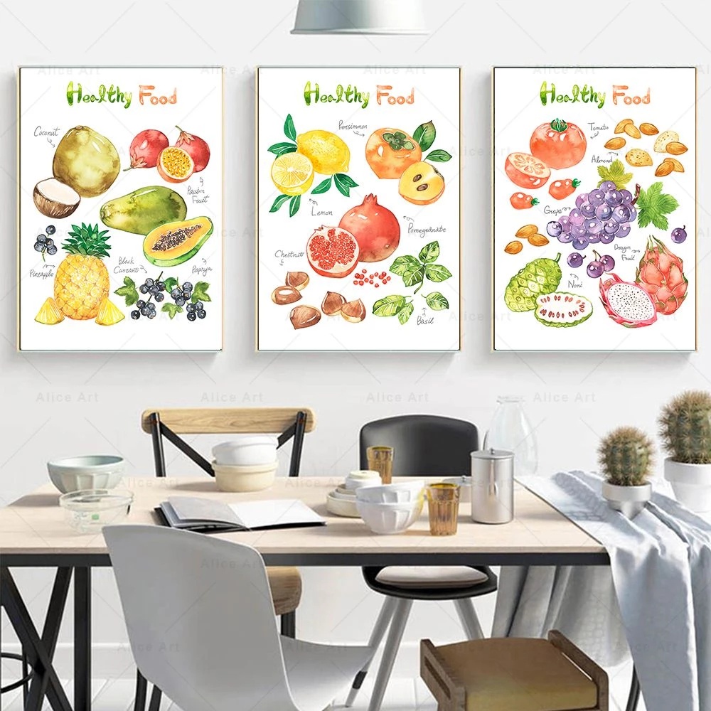 Frameless Watercolor Healthy Food Poster Wall Art Print Fruit Vegetables Nuts Canvas Painting Picture Wall Decor Kitchen Home Decoration