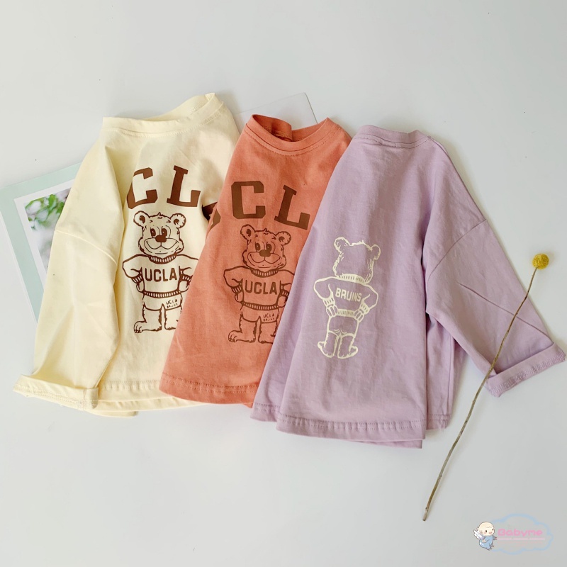 Áo Thun Dài Tay Cổ Tròn Màu Trơn In Họa Tiết Hoạt Hình Cho Bé Trai Và Gái