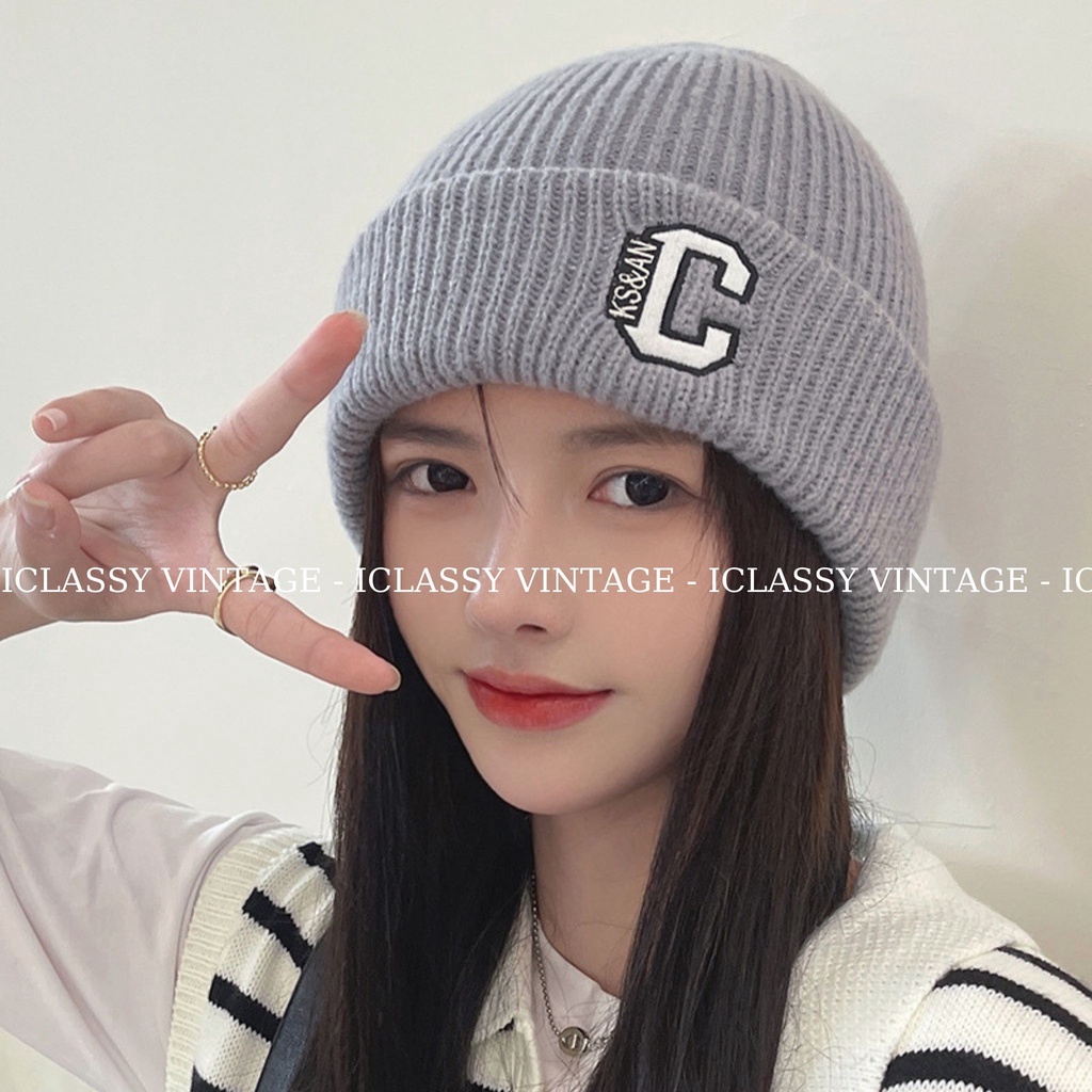 Mũ Len Nam Nữ Ulzzang Vintage Cao Cấp, Mũ Thêu chữ C 9 Màu Phong Cách Hàn Quốc - Iclassy_shoes