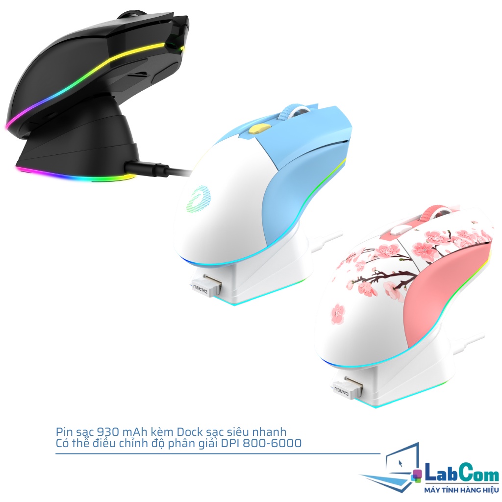 Chuột máy tính không dây chính hiệu DAREU EM901X với 3 màu  siêu nhẹ, Dock sạc siêu nhanh, Led RGB